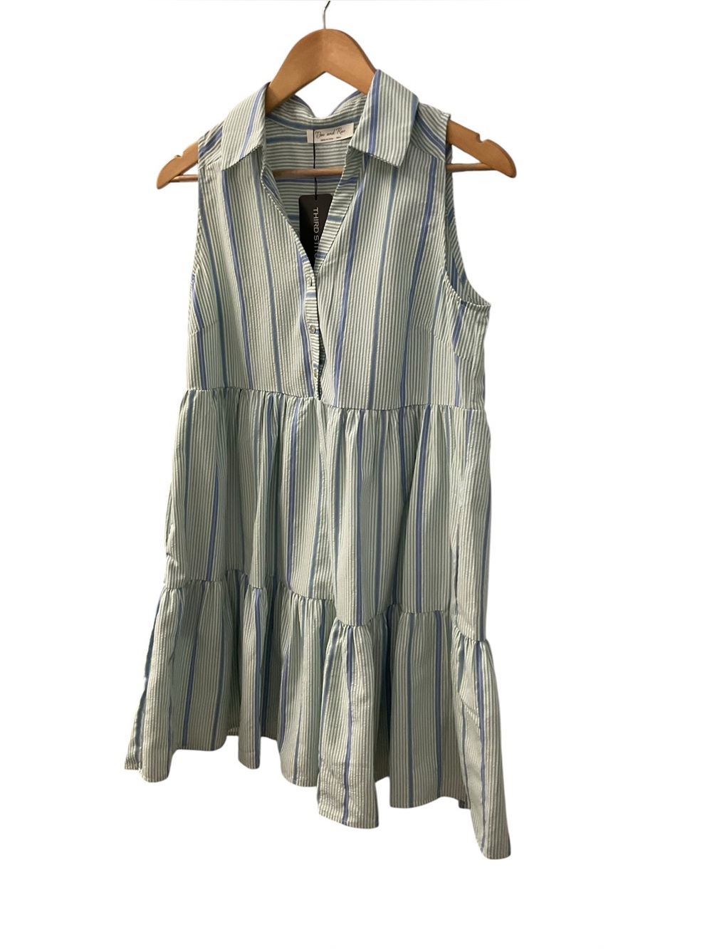 Doe & Rae Blue and White Striped Sleeveless Tiered Shirt Dress